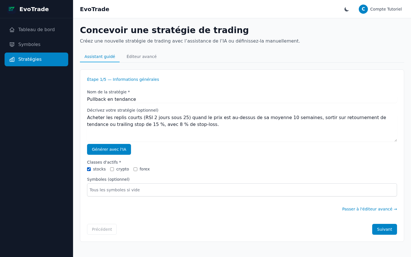 Étape 1 de l'assistant : nom, description, classes d'actifs