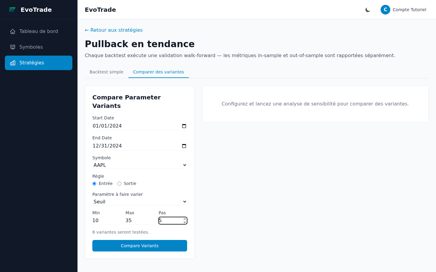 Le formulaire Comparer des variantes rempli