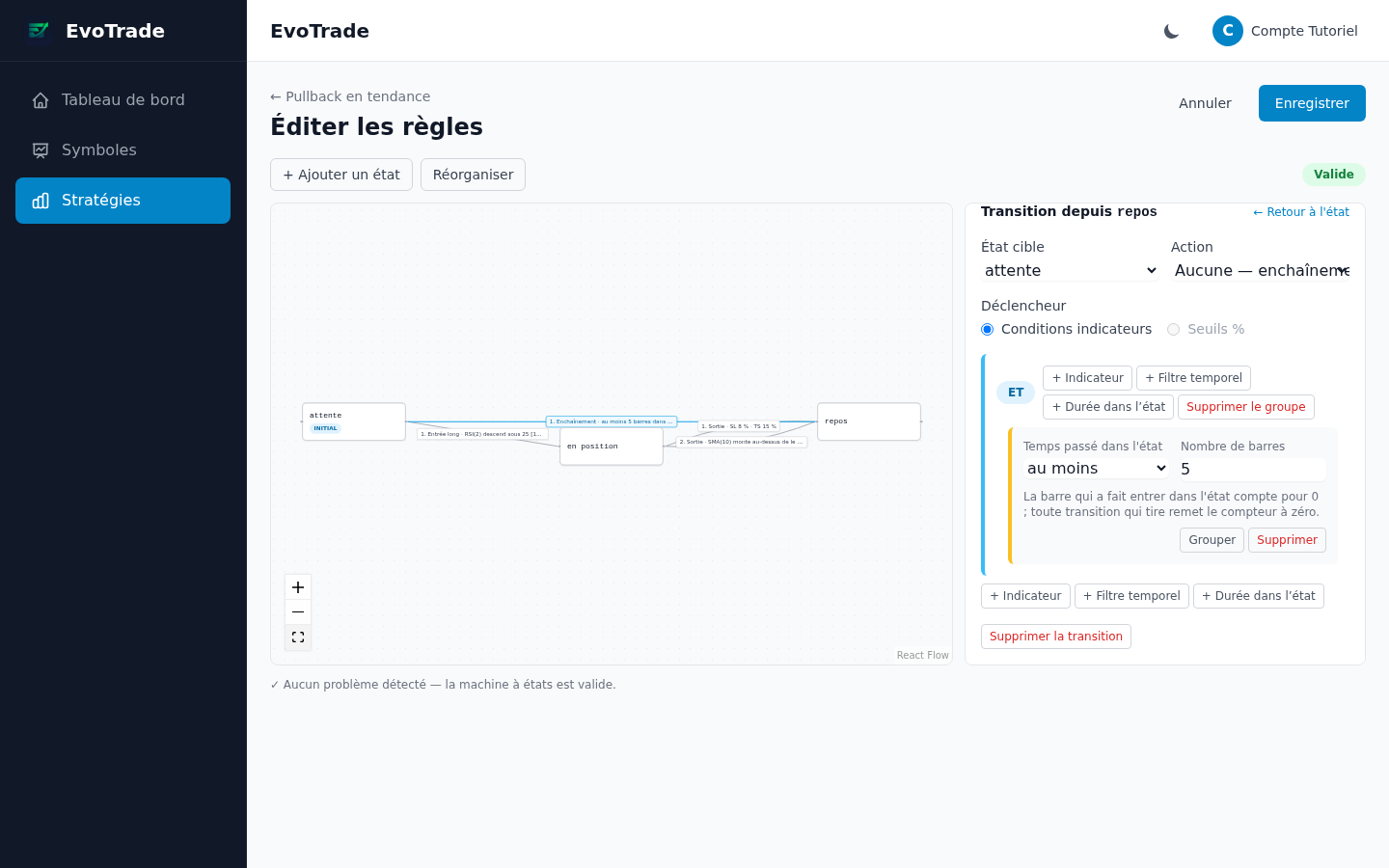 Le graphe final : attente → en position → repos → attente, badge Valide