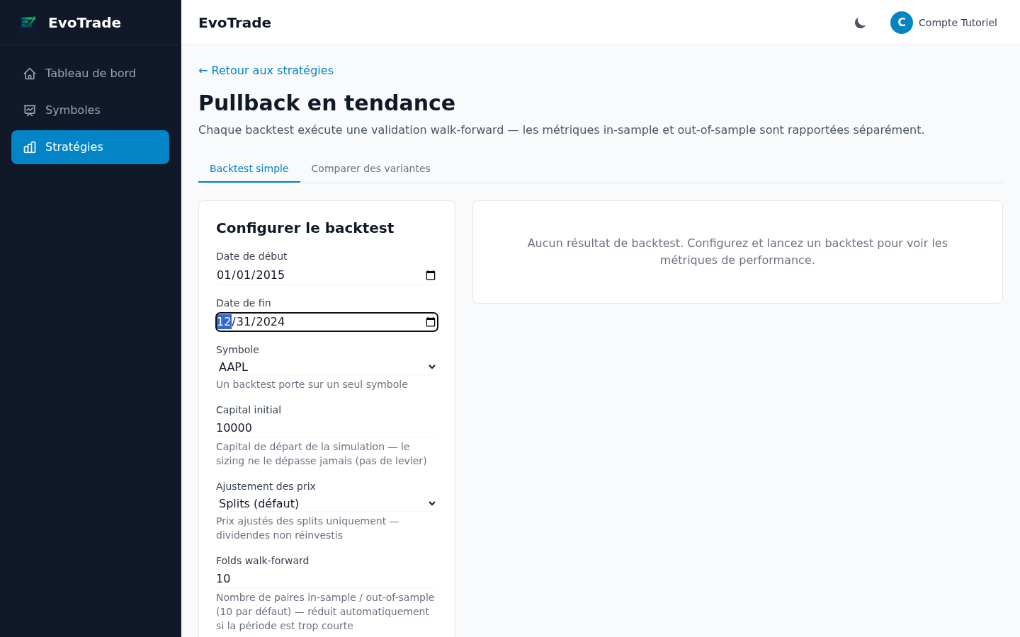 Le formulaire Configurer le backtest rempli